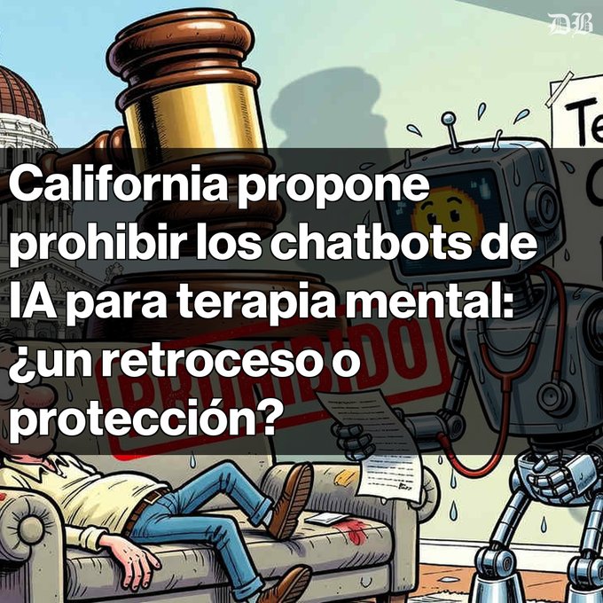 An illustrated graphic depicts a gavel stamping 'PROHIBIDO' on a scene of a robot therapist and a patient on a couch, with Spanish text reading 'California propone prohibir los chatbots de IA para terapia mental: ¿un retroceso o protección?'
