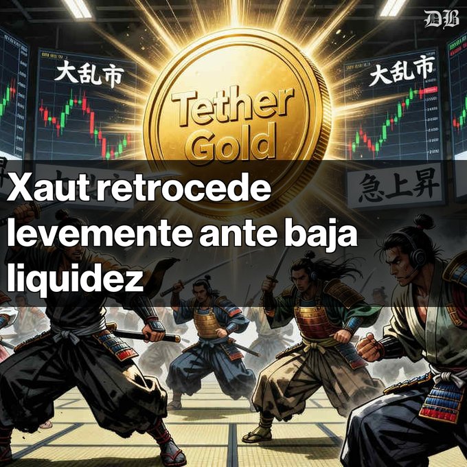The image features a group of people wearing armor and holding swords or weapons while standing together in a room with a sword-wielding man at the center surrounded by other characters dressed in various outfits. The text "XAUT retrocede levemente tras caída de liquidez El token respaldado por oro Muestra una baja de 0,28%" reads over the group of people and a description that says "el token respaldado por oro Muestra una baja de 0,28% precio actual: USD $1.946,89 con volúmenes reducidos La capitalización se sitúa en USD $1.943,44 Scenarios de". This suggests that the image is related to a promotional post for the cryptocurrency "Tether Gold", where people are described as having unique skills or abilities, such as sword-wielding or trading in the crypto market. The post may be promoting an event or showcasing the potential rewards of investing in digital currency like Bitcoin.
