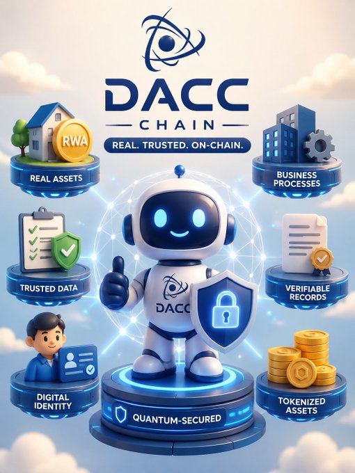 A promotional graphic for 'DACC CHAIN' with the tagline 'REAL. TRUSTED. ON-CHAIN.' features a central mascot robot labeled 'QUANTUM-SECURED' surrounded by six pillars: 'REAL ASSETS' (RWA), 'BUSINESS PROCESSES', 'TRUSTED DATA', 'VERIFIABLE RECORDS', 'DIGITAL IDENTITY', and 'TOKENIZED ASSETS'.