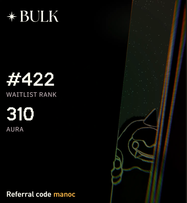 The image shows a black background with white text, giving the impression of a poster or advertisement. The central focus is an orange and yellow logo for the "Bulk" brand, accompanied by a list of numbers, presumably ranking positions or rankings. At the bottom of this list, there's information about referring to this listing or posting in bulk trade, likely involving points earned from trading with the provided code.