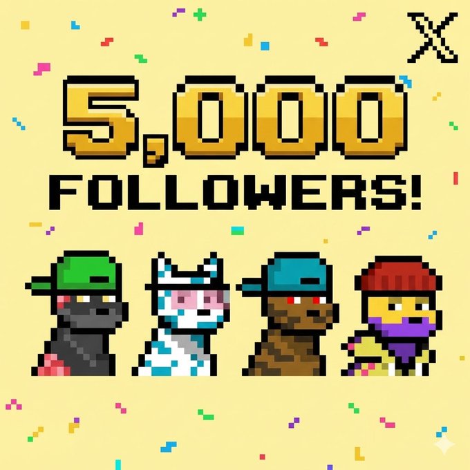 A celebratory pixel art graphic featuring four dog characters with the text "5,000 FOLLOWERS!" announces a milestone achievement for the @Spademeta account, thanking the @doginaldogs community for their support in reaching 5,000 subscribers.