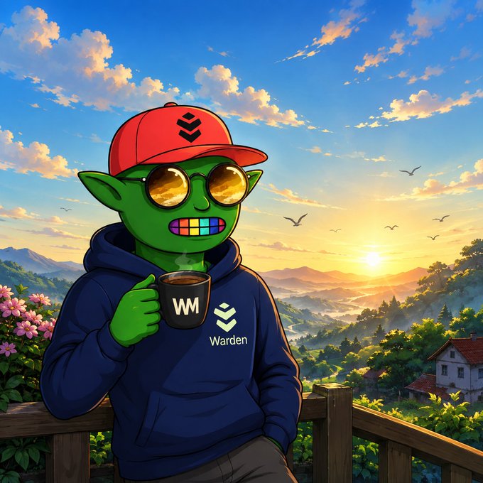 A digital illustration of a green goblin-like character wearing a red cap with chevrons, reflective sunglasses, and a navy hoodie with 'Warden' branding, holding a 'WM' coffee mug against a scenic sunset landscape.