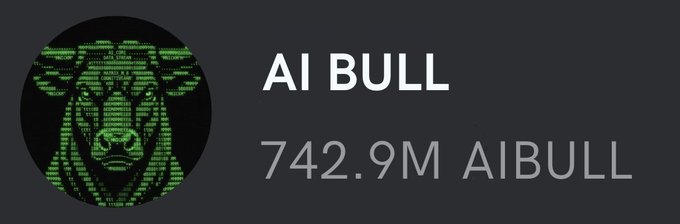 A promotional banner featuring a green bull silhouette formed from digital code inside a black circle, accompanied by the text "AI BULL" and "742.9M AIBULL," illustrating the token being offered in the accompanying $AIBULL Solana airdrop giveaway.
