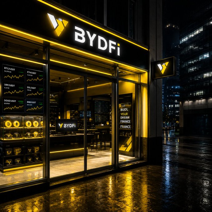 A nighttime view of a sleek BYDFi storefront glowing with yellow accents, featuring illuminated signs and digital displays showing cryptocurrency tickers like BTC/USDT, ETH/USDT, SOL/USDT, and DOGE/USDT, alongside promotional text reading "Build your dream finance." The image captures the retail-style crypto exchange concept referenced in the post, presenting BYDFi as a tangible "store" where users can browse live market data like products on shelves.