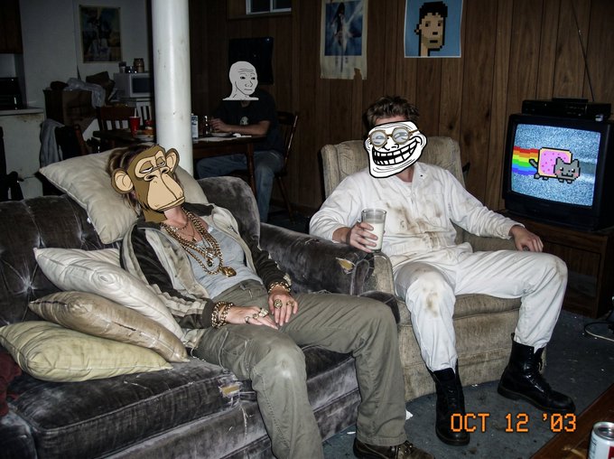 A photo dated 'OCT 12 '03' shows two people sitting on couches in a wood-paneled room, both with internet meme faces (a monkey and a troll face) digitally placed over their heads, with an Nyan Cat displayed on the TV in the background.