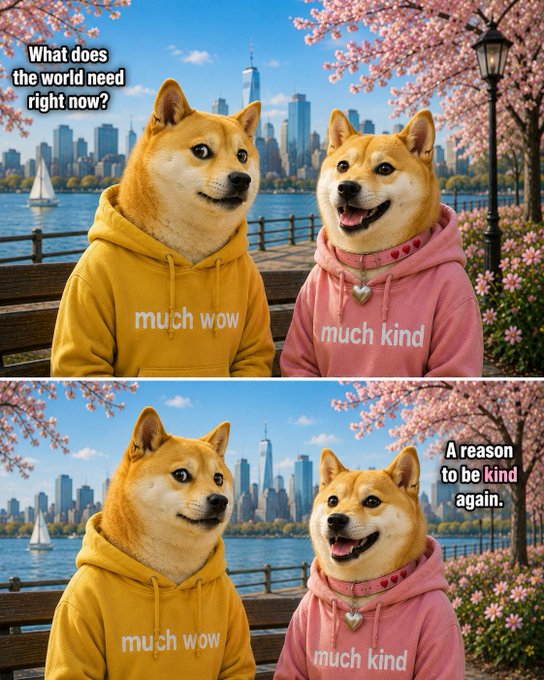 Two panels show Shiba Inu dogs in hoodies reading 'much wow' (yellow) and 'much kind' (pink) against a city skyline, with text asking 'What does the world need right now?' and answering 'A reason to be kind again.'