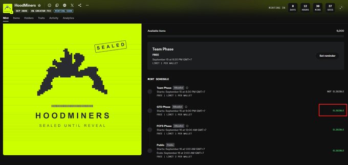 A HoodMiners website displays a neon green 'SEALED' graphic alongside mint schedules including 'Team Phase', 'GTO Phase', and 'FCFS Phase'.