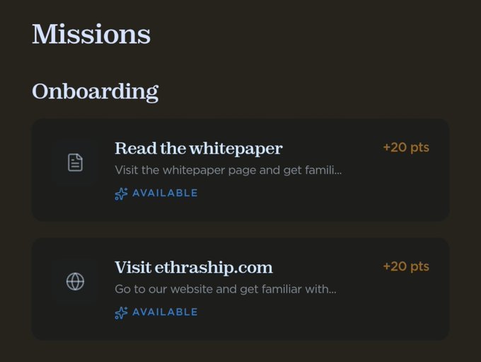 A "Missions" interface displays an "Onboarding" section with two available tasks: "Read the whitepaper" and "Visit ethraship.com," each rewarding +20 pts. The image aligns with the post's theme of around-the-clock building, showing that infrastructure-style airdrop opportunities like @EthraShip remain active even in the early morning hours.