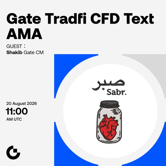A promotional graphic for a "Gate Tradfi CFD Text AMA" featuring guest Shakib (Gate CM), scheduled for 11:00 AM UTC on August 20, 2026, with a visual of a heart in a jar alongside the word "Sabr" (Arabic for patience), tying into the announced Telegram AMA and Gleam airdrop campaign from the post.