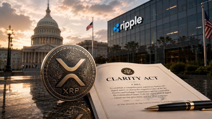 Promotional image featuring an XRP coin, a document titled 'CLARITY ACT,' a pen, and the Ripple logo in front of the U.S. Capitol building.