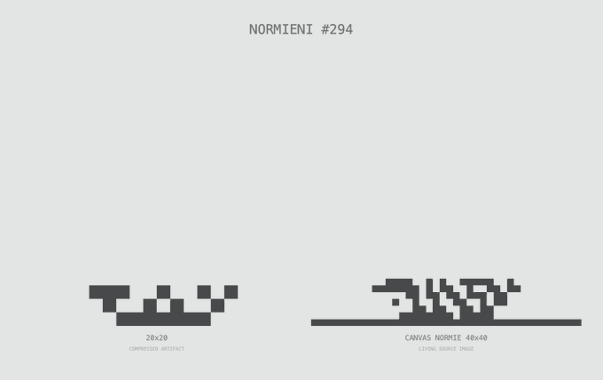 The image displays "NORMIENI #294" as its title, featuring a pixel-art character shown in two formats: a compressed "20x20" version labeled "COMPRESSED ARTIFACT" on the left, and the full "CANVAS NORMIENI 40x40" version labeled "LIVING SOURCE IMAGE" on the right. This showcases the token-building process for Normieni #294, illustrating how the character evolves from a simplified compressed form into its detailed living source image at normienis.xyz/collection/294.