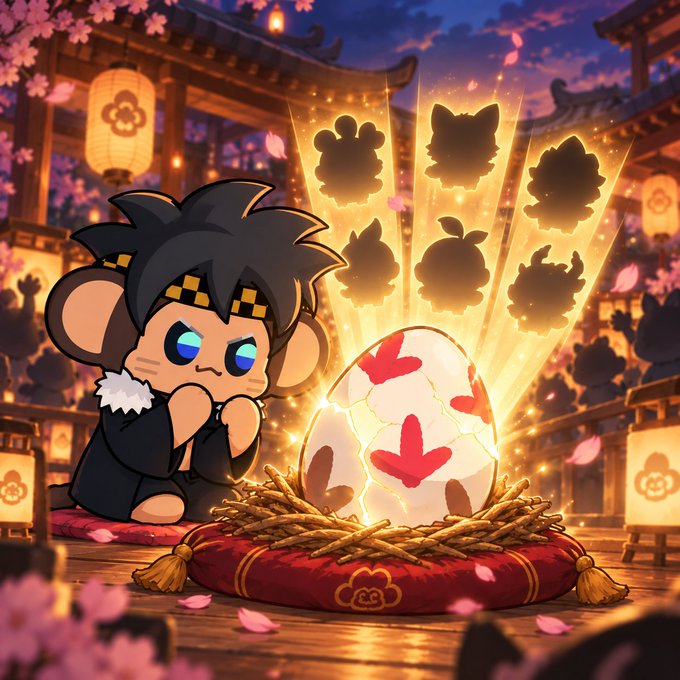 A cartoon illustration depicts a mouse character in a samurai-style outfit kneeling reverently before a glowing cracked egg that reveals creature silhouettes in golden light, set in a Japanese shrine with cherry blossoms and paper lanterns.