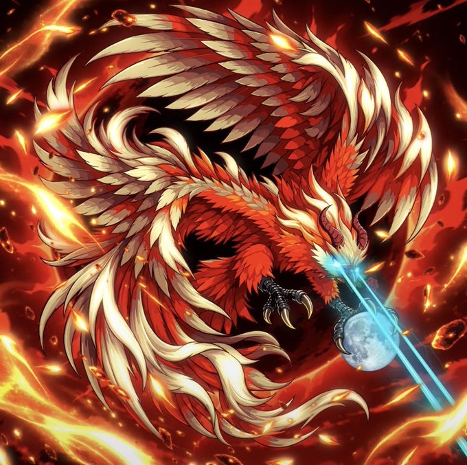 A vibrant digital illustration of a fierce red and white phoenix-like bird breathing blue energy amid flames and floating rocks.