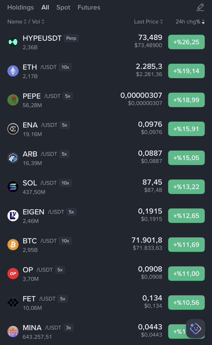 The image shows a cryptocurrency holdings portfolio on what appears to be an exchange, displaying 12 coins including HYPEUSDT (+26.25%), ETH (+19.14%), PEPE (+18.99%), ENA (+15.91%), ARB (+15.05%), SOL (+13.22%), EIGEN (+12.65%), BTC (+11.69%), OP (+11.00%), FET (+10.56%), and MINA, all showing strong 24-hour gains. The post's reference to "gains between 75-200%" appears sarcastic or exaggerated given the actual gains shown range from roughly 10-26%, suggesting the poster is humorously framing what they consider a disappointing rally despite the uniformly green performance across their portfolio.