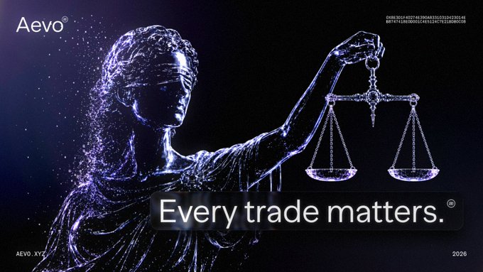 A stylized digital rendering of Lady Justice holding scales appears against a dark blue background, with the text "Every trade matters." displayed prominently below the scales, along with the Aevo logo and ticker AEVO.XTC. The image visually reinforces the post's message by symbolizing fairness and value, emphasizing that each trade on Aevo is meaningful—generating USDC cashback, weekly $AEVO rewards, and supporting token buyback and burn.