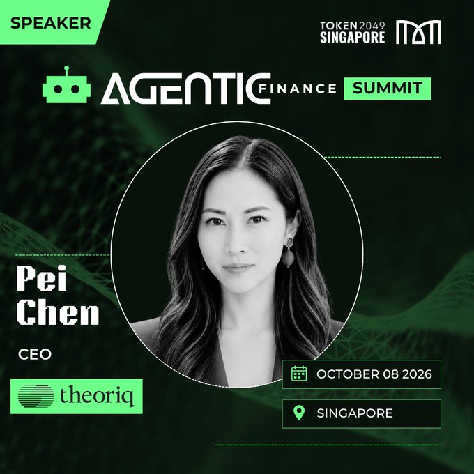 A speaker announcement graphic for the Agentic Finance Summit at TOKEN2049 Singapore, featuring Pei Chen, CEO of Theoriq, with the event scheduled for October 8, 2026, in Singapore.
