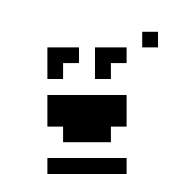 A minimalist black and white pixelated face design with simple geometric shapes representing eyes, mouth, and a small square.