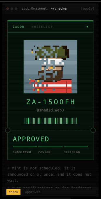 A digital whitelist approval screen showing a pixel art character labeled 'ZA-1500FH @shadid_web3' with an 'APPROVED' status.