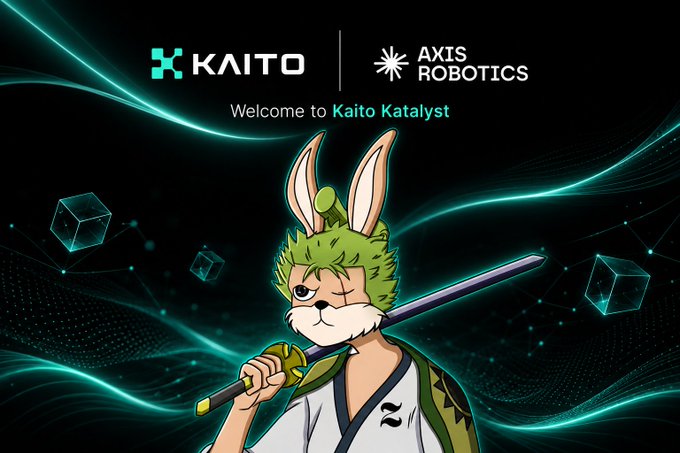 A promotional banner for 'KAITO' and 'AXIS ROBOTICS' welcoming viewers to 'Kaito Katalyst', featuring an anime-style green rabbit warrior holding a sword against a teal digital background.