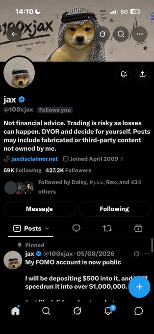 A Twitter/X profile screenshot for user 'jax' (@100xjax) with a Shiba Inu dog avatar wearing a keffiyeh, showing 427.2K followers and a pinned post stating 'My FOMO account is now public'.