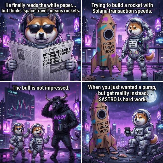 A four-panel crypto meme featuring Shiba Inu characters in space-themed scenarios, with captions mocking Bitcoin and Solana, referencing '$ASTRO', '$SOL', 'Project: Lunar Hops', 'Ansem', and 'New Moon'.