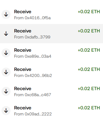 The image shows a series of incoming Ethereum (ETH) transactions, each receiving +0.02 ETH from different addresses (0x4016...0f5a, 0xdafb...3799, 0xe89e...03a4, 0x4200...96b2, 0xc68a...c467, and 0x09ad...2222), likely representing small crypto payouts or airdrops collected by the user. This aligns with the post's mention of winning some and losing some in the web3 and crypto space.