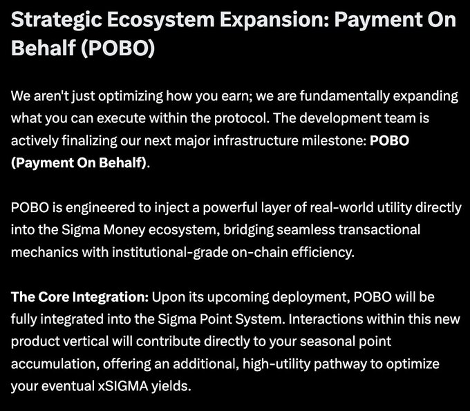 A text announcement titled 'Strategic Ecosystem Expansion: Payment On Behalf (POBO)' detailing the upcoming integration of the POBO feature into the Sigma Money and Sigma Point System ecosystem.