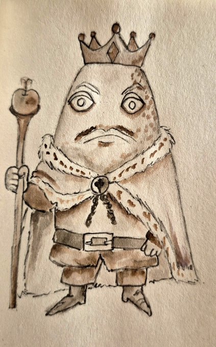 A hand-drawn illustration in brown ink depicting a crowned king with a beard, wearing an ermine-trimmed cape and holding a scepter with an apple.