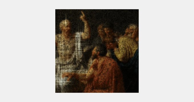 A grainy, distressed classical painting depicting a group of figures in period clothing, with one central bearded man raising his arm, overlaid with scratchy white texture effects.