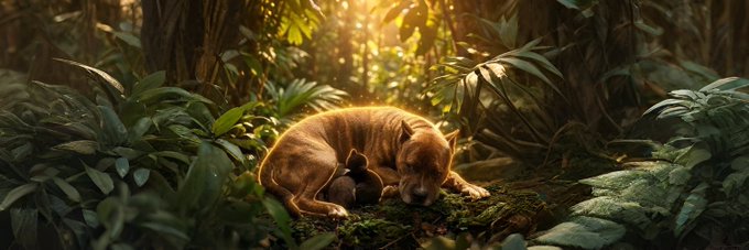 An orange tabby cat and a small kitten rest together on the mossy ground of a lush, sunlit forest.