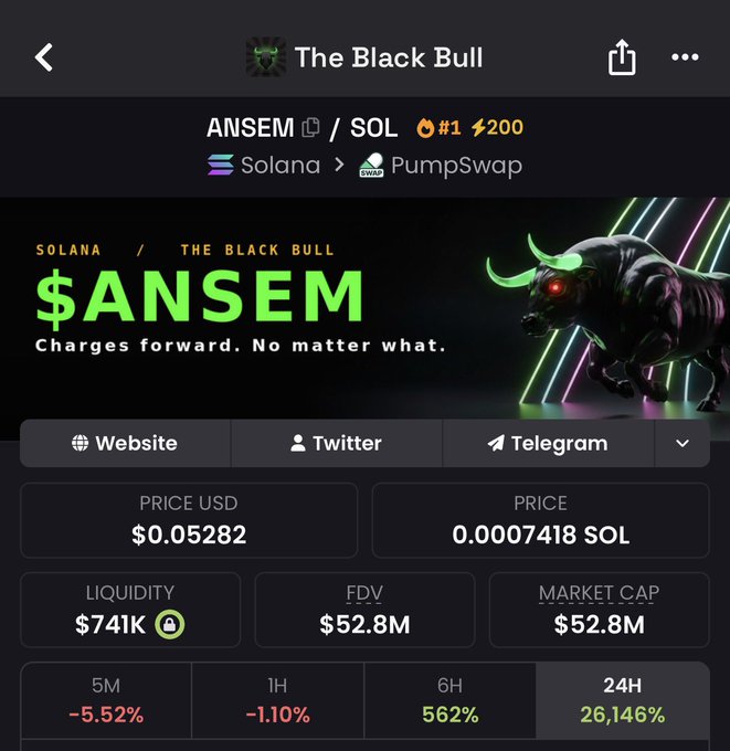 A cryptocurrency tracker screenshot displays "The Black Bull" token $ANSEM on the Solana/PumpSwap network, showing a price of $0.05282, market cap of $52.8M, and a staggering 26,146% gain in the last 24 hours. The image visually confirms the post's claim of a "70M runner" bull market recovery, with the neon bull mascot and massive percentage gains backing the celebratory "We are so back" sentiment.