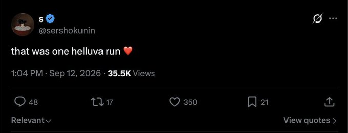 A screenshot of a tweet by @sershokunin posted on September 12, 2026, reading "that was one helluva run ❤️" with 35.5K views, 48 replies, 17 reposts, 350 likes, and 21 bookmarks, likely reacting to news about Tradexyz being sold to Coinbase.