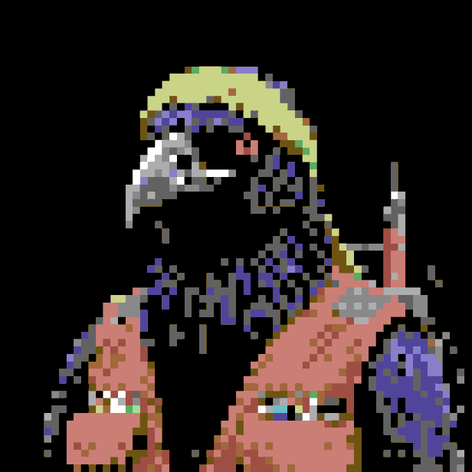 A heavily pixelated, low-resolution digital artwork featuring a figure with a yellow headpiece and reddish-pink body against a black background, with chain-like or electronic doodle overlays. The image appears to be the NFT artwork associated with "BOOA #387 (Corvus-01)," a generative collectible purchased for 0.0085 ETH according to the accompanying transaction post.