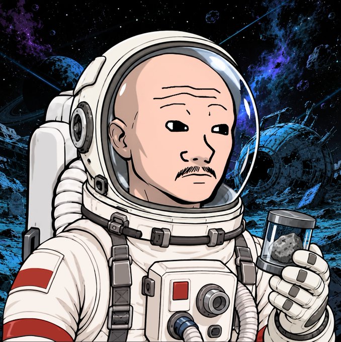 A digital illustration of a bald astronaut with a mustache in a white spacesuit holding a container of a moon rock, set against a space backdrop with a nebula and spacecraft wreckage.