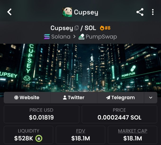 A screenshot of the Cupsey ($CUPSEY/SOL) token page on PumpSwap, showing a price of $0.01819 (0.0002447 SOL), liquidity of $528K, and a market cap/FDV of $18.1M—suggesting the token is still far from the claimed $100M milestone but has room to grow. The image visually supports the bullish prediction by displaying the current valuation metrics that would need to roughly 5-6x to reach the projected $100M market cap.