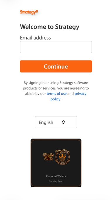 The image shows a screenshot of a website called "strategy" with a banner at the top that says "Day 5 of the big fish hunt. @strategy @MicroStrategy @KeyRexOfficial Lightning Auth is waiting - instant sovereign sign-ins, pure Bitcoin security. Choose the paw." The main content of the image is a form for signing in to the website.