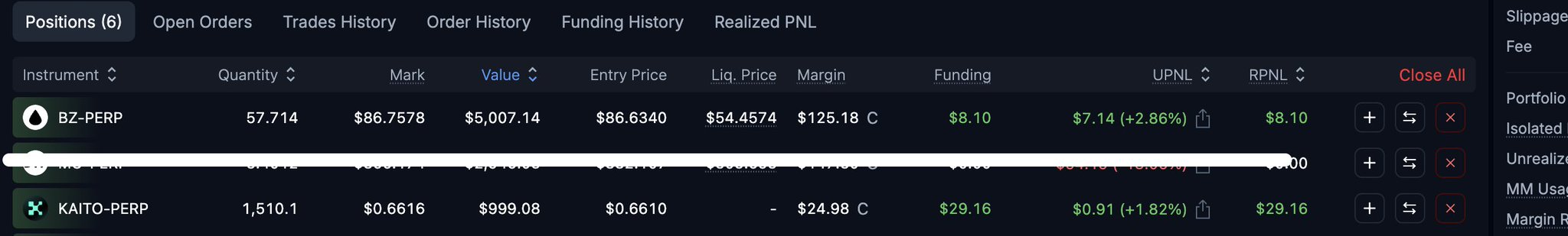 The image shows a trading portfolio interface displaying 6 open positions, with visible entries for BZ-PERP (57.714 quantity, $5,007.14 value, +$7.14 unrealized PNL) and KAITO-PERP (1,510.1 quantity, $999.08 value, +$0.91 unrealized PNL), supporting the post about collecting $30+ in funding through spread positions on Kaito and Brent Oil across multiple exchanges like Variational, N1 Exchange, and Ondo Perps.