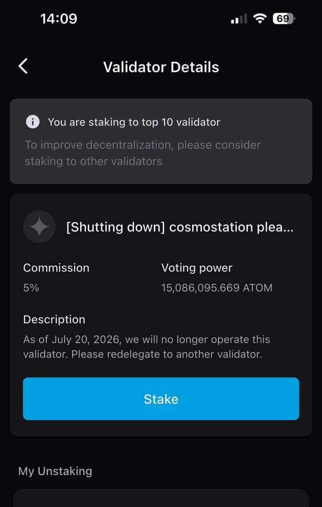 A mobile app screenshot showing 'Validator Details' for '[Shutting down] cosmostation plea...' with a 5% commission, 15,086,095.669 ATOM voting power, and a note that the validator will stop operating on July 20, 2026.