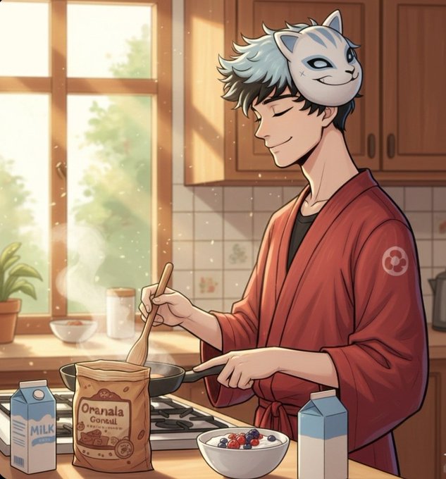 The image features a man wearing a red robe, standing at a kitchen counter cooking breakfast. He has a cat mask on his head while preparing food. The scene includes several items such as milk cartons, cereal boxes, and bowls of fruit like berries. There is also a potted plant in the background. The post seems to be promoting a product or service related to the man's cooking activity, possibly an app that helps with meal planning or tracking daily expenses through the use of currency symbols.