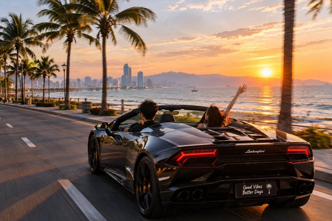 A couple enjoys a sunset drive in a black Lamborghini Huracán convertible along a palm-lined coastal road, with the license plate reading "Good Vibes Better Days."

The image's luxurious, carefree vibe contrasts with the post's message about the complexity of Web3 development—suggesting that tools like Arc Studio could make building on the blockchain feel as effortless and aspirational as cruising in a high-end sports car.