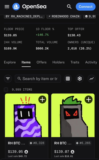 An OpenSea mobile screenshot displays the "RH_MACHINES_DEPL" NFT collection on the Robinhood Chain, showing a floor price of $139.05 with a striking +146.7% increase in the past day, alongside 9,999 items including "RH BTC" assets priced at $139.05 and $139.07. The image visually reinforces the post's excitement about "BTC MACHINES" and "RH MACHINES" activating on the Robinhood Chain, with the dramatic floor price surge supporting the "something BIG is coming" narrative.