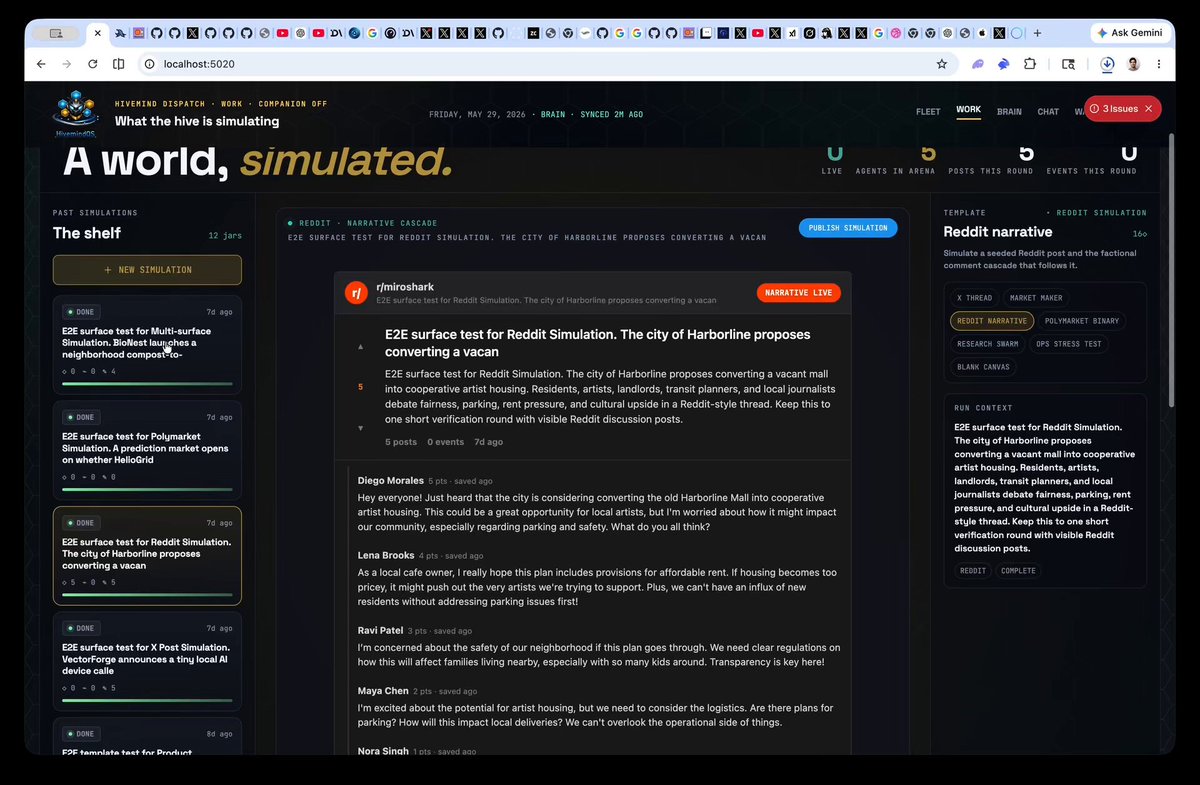 The image features a computer screen displaying a screenshot of a website page titled "A world. simulated." This shows various posts and threads related to different topics, with one post specifically mentioning a video game called "@miroshark" and an integration into a simulated environment by another company like PostMate. The other posts seem to be discussing various aspects of simulating environments or analyzing the data from them.