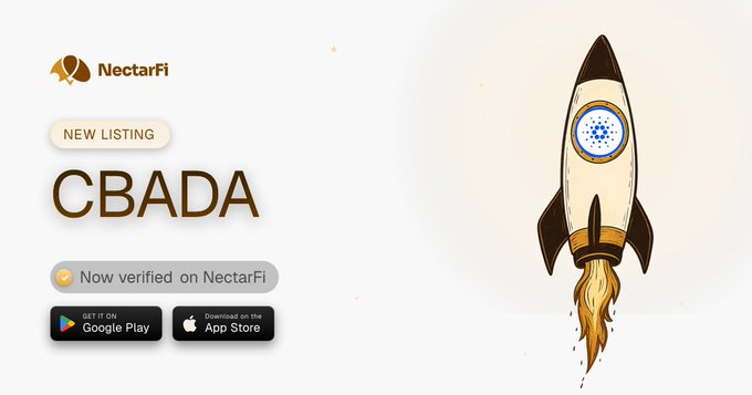 A promotional graphic for NectarFi announcing a new listing called 'CBADA' with a rocket illustration carrying the Cardano logo.