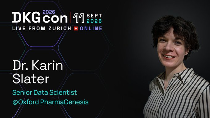 A promotional banner for DKGcon 2026 event on September 11th, live from Zurich and online, featuring Dr. Karin Slater, Senior Data Scientist at Oxford PharmaGenesis.