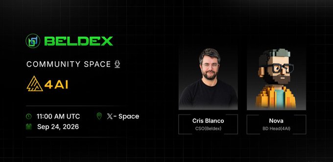 A promotional graphic for a "BELDEX" Community Space event with "4AI" on September 24, 2026, featuring photos of speakers "Cris Blanco" (CSO of Beldex) and "Nova" (BD Head of 4AI).