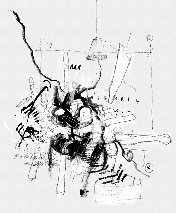 An abstract black ink and pencil sketch with handwritten annotations including "Fig" and "ASSEMBLY," depicting a chaotic mechanical or anatomical composition.