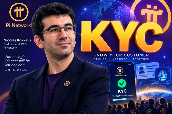 Promotional image for Pi Network featuring co-founder and CEO Nicolas Kokkalis, with the text 'KYC: KNOW YOUR CUSTOMER - SECURE VERIFIED TOGETHER' and the quote 'Not a single Pioneer will be left behind.'