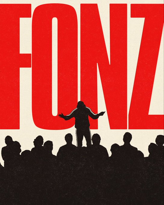 A stylized poster with the bold red text 'FONZ' featuring a silhouetted figure with arms outstretched standing before a crowd of people.