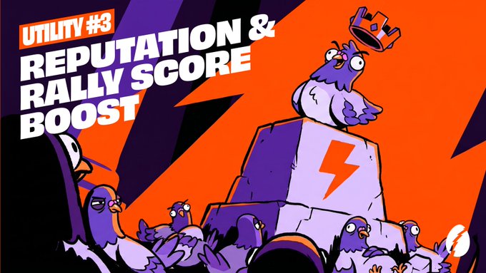 The image features an advertisement for a rally score booster called "Rally Score". The text above the image reads "Utility #3 Reputation & Rally Score Boost", indicating that this booster can be used to improve the reputation of a creator by boosting their rally score. The image also includes a cartoon bird, likely representing the creator or influencer being boosted, surrounded by other birds in various positions and sizes.