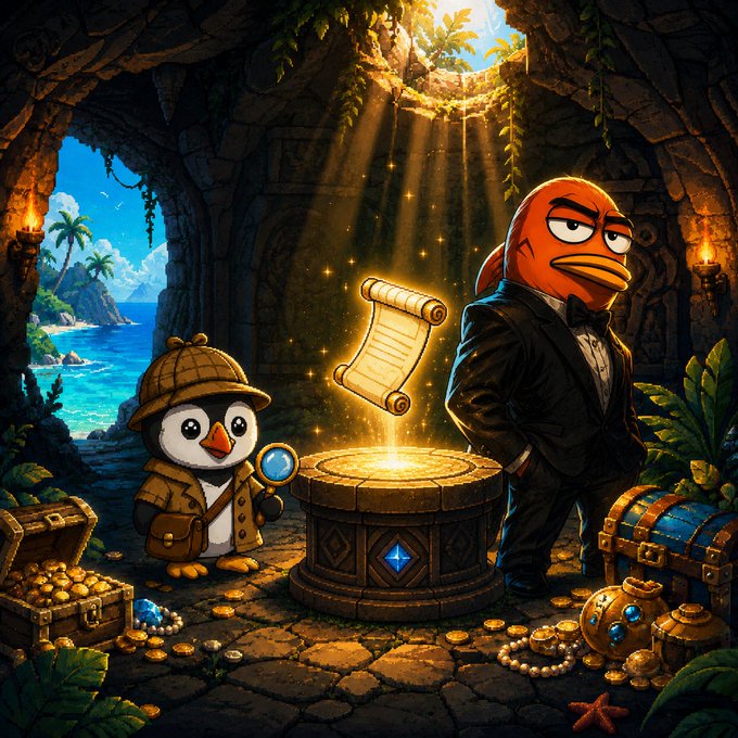 A digital illustration shows a detective penguin in a Sherlock Holmes hat with a magnifying glass and an orange fish in a tuxedo standing beside a glowing scroll on a stone pedestal inside a treasure-filled cave with treasure chests and gold coins scattered around.